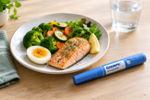 Ozempic, Wegovy : prévenir les carences nutritionnelles Assiette en petite portion riche en protéines (œuf, poisson, légumes) à côté d'un stylo injecteur, illustrant l'alimentation sous Ozempic