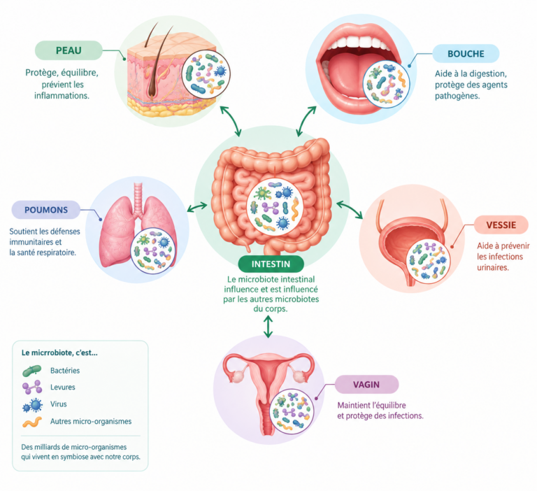 microbiotes du corps : schéma de la peau, de la bouche, des poumons, du vagin et de la vessie reliés à l'intestin