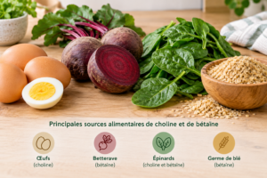 Choline et bétaïne : foie gras, méthylation, TMAO Œufs, betterave, épinards et germe de blé sur un plan de travail, principales sources alimentaires de choline et de bétaïne
