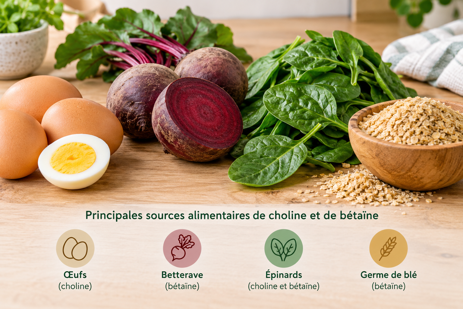 Œufs, betterave, épinards et germe de blé sur un plan de travail, principales sources alimentaires de choline et de bétaïne