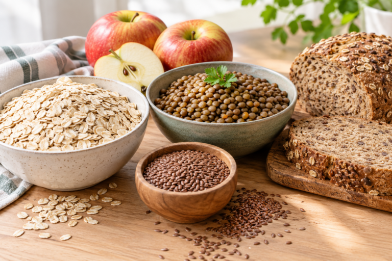 Assortiment d'aliments riches en fibres alimentaires : flocons d'avoine, lentilles, pommes, graines de lin et pain complet