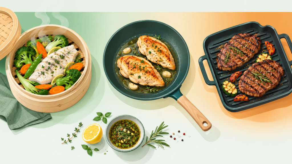 Trois modes de cuisson sur une table