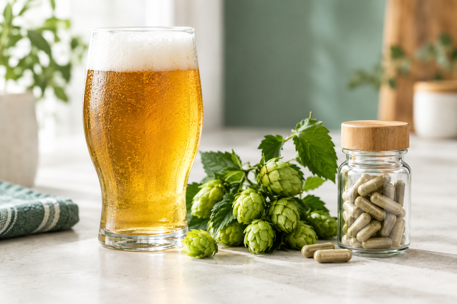 Verre de bière et cônes de houblon
