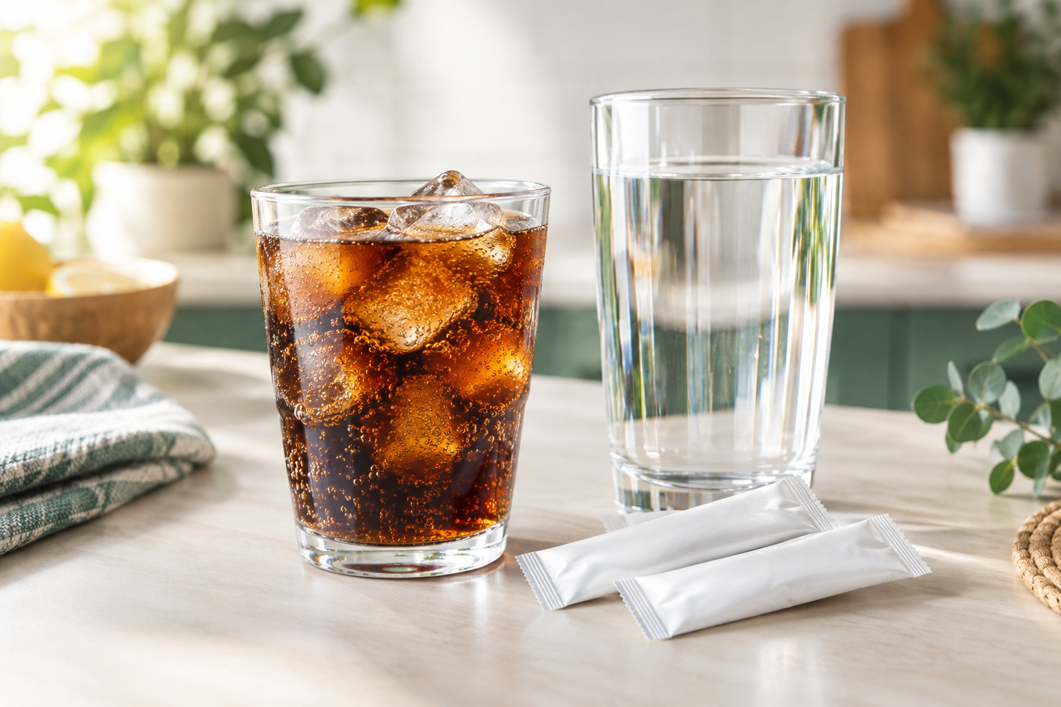 Verre de soda et sachets de réhydratation