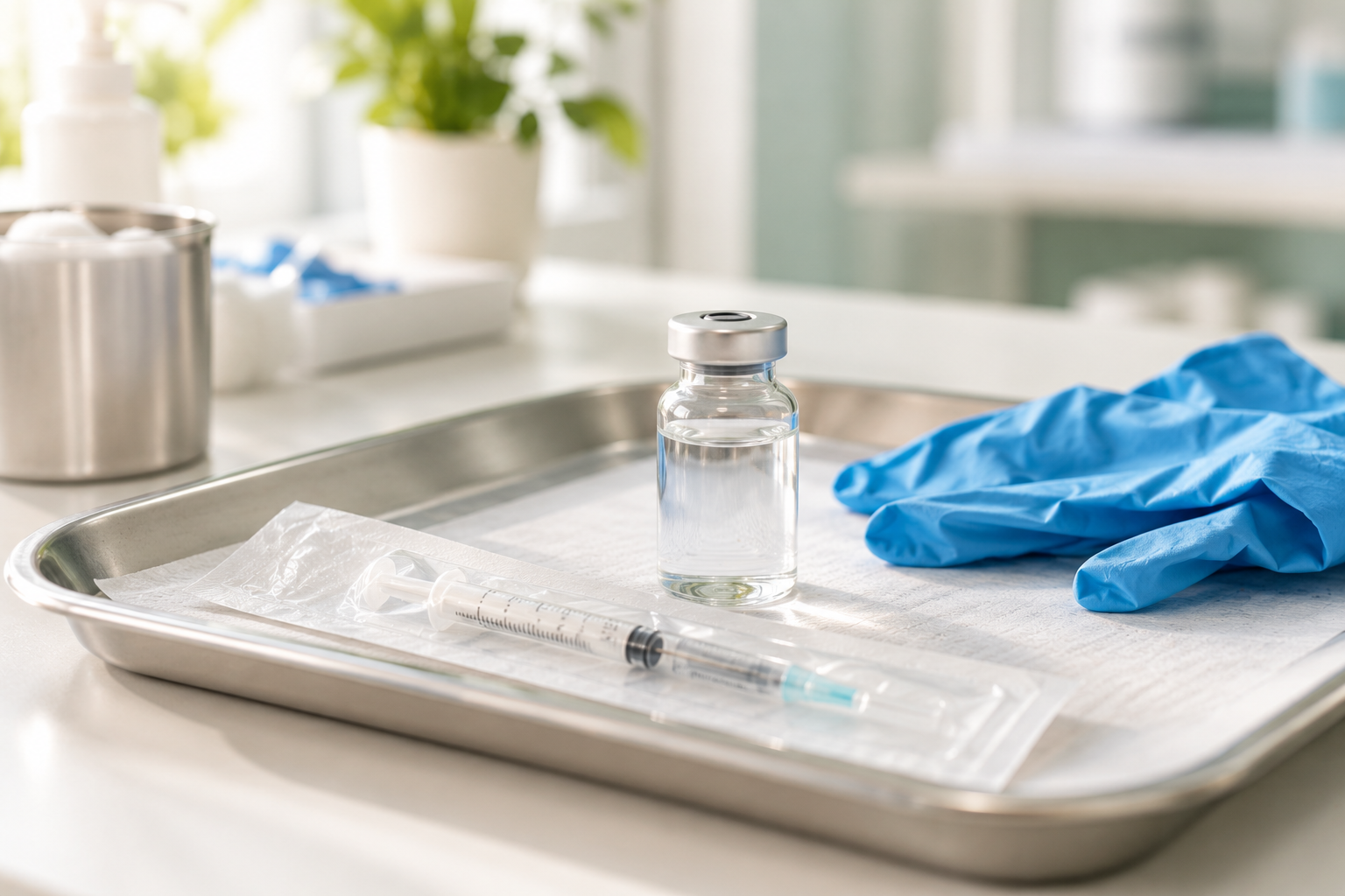 Flacon de vaccin sur un plateau de pharmacie