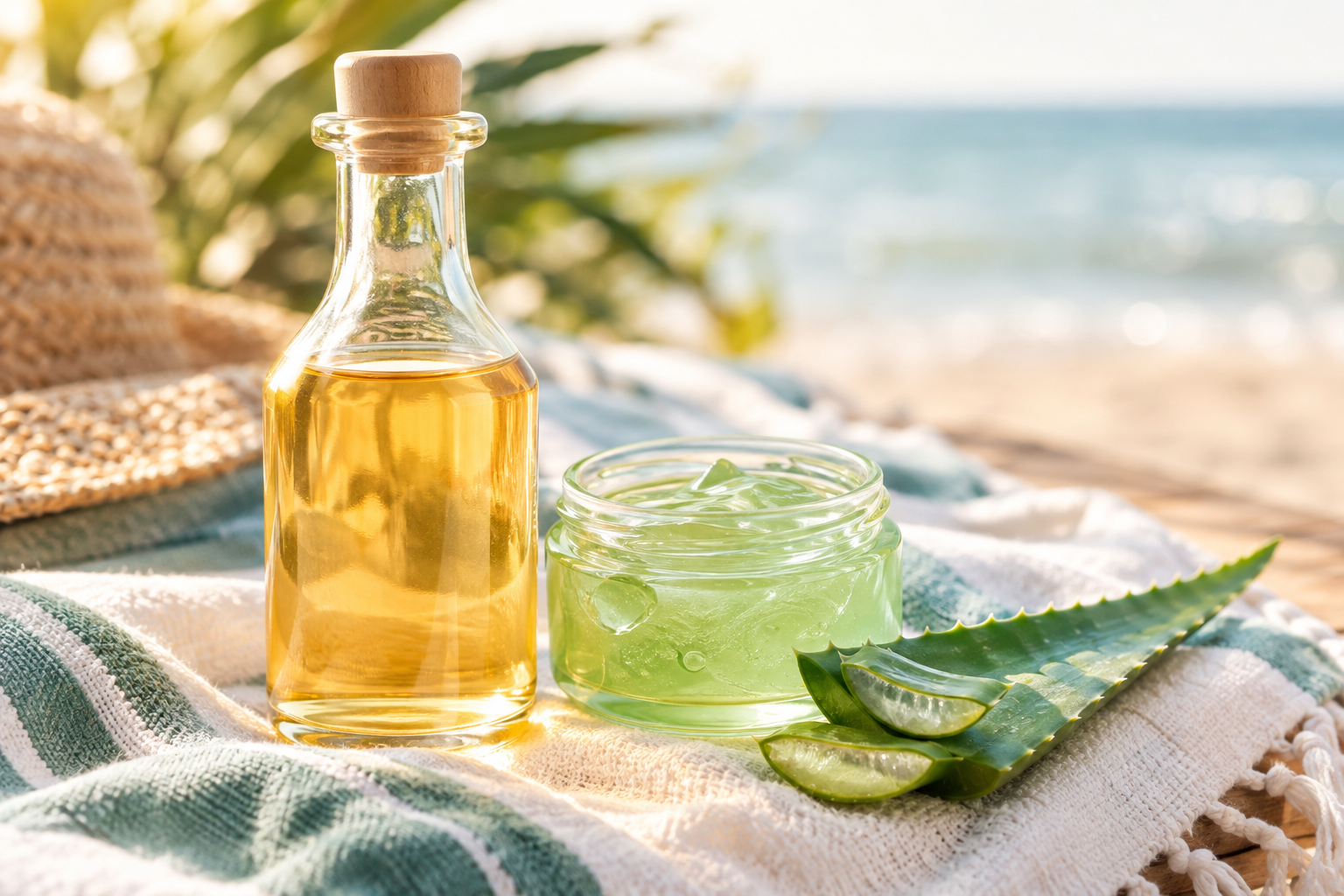 Bouteille de vinaigre et gel d'aloe vera au soleil